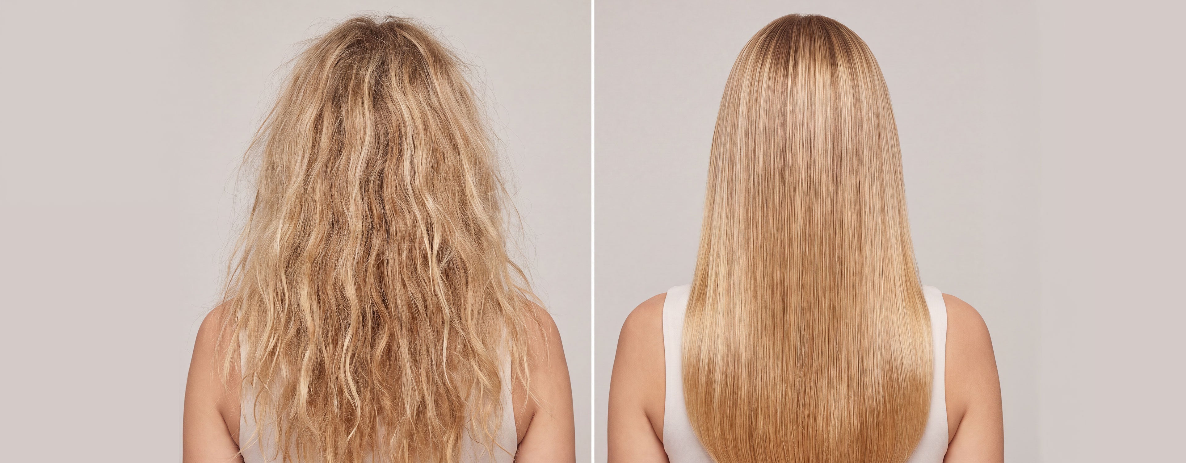 Comparison images of blonde hair with frizzy texture on the left and smooth texture on the right