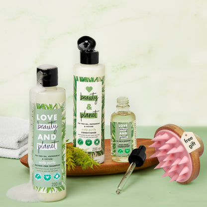 Tea Tree Oil, Peppermint + Vetiver Shampoo + Conditioner + Scalp serum + Scalp Massager Combo